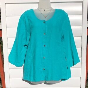 Relaxed Teal Button-Front Women's Linen Blend Shirt